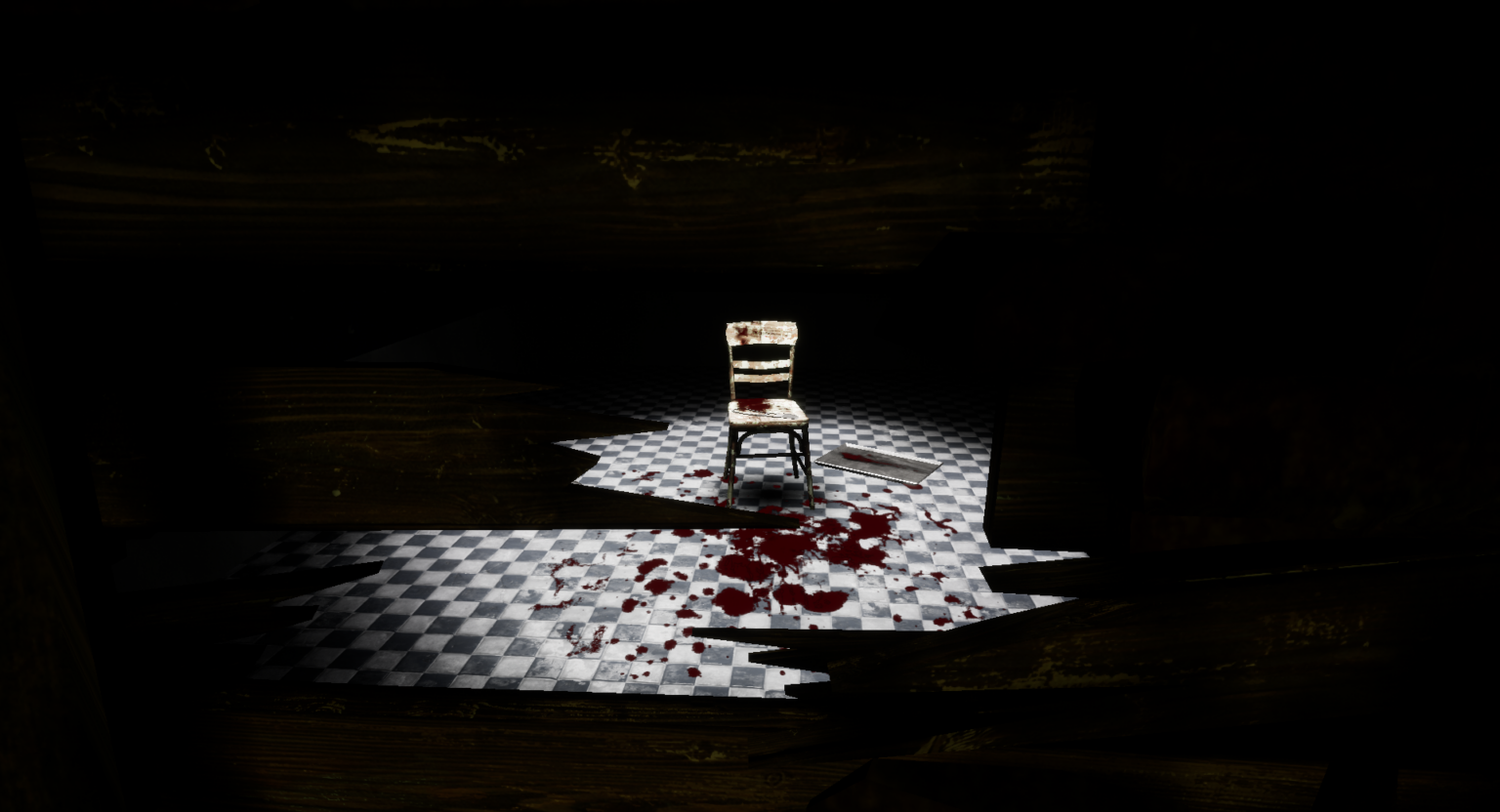 A chair sits lonesome in a blood-spattered, dim room