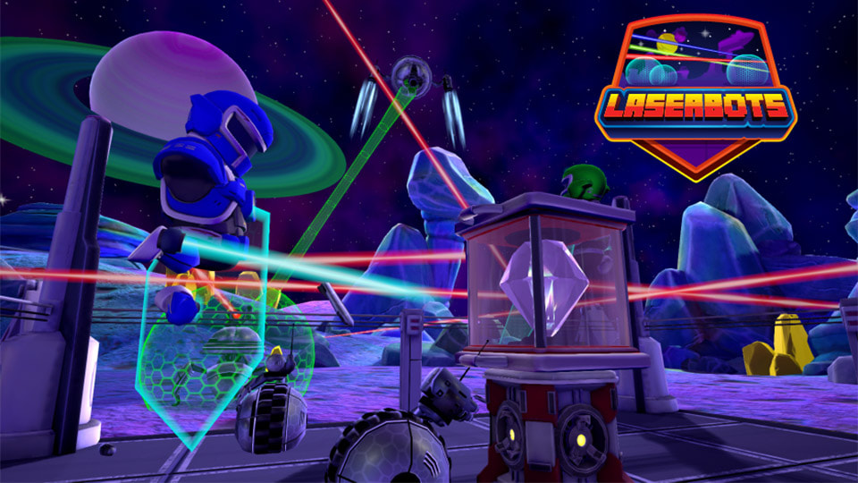 A LaserBots player using their laser sword and shield to defend against enemies